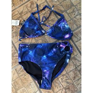 Cosmic Aura® Galaxy O-Ring Halter Swim Top Set Bathing Suit Rockabilly‎ Pin Up S